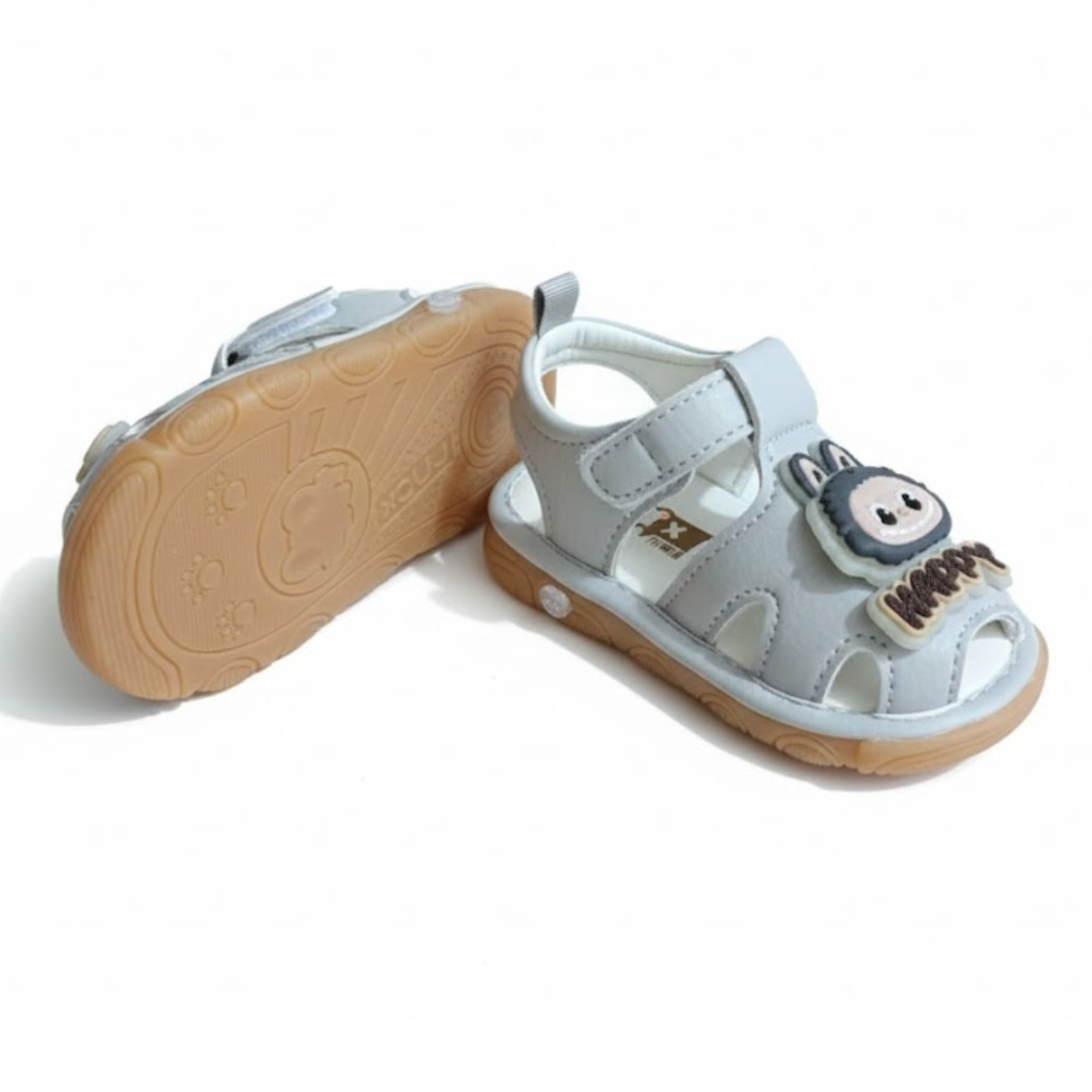 Grey “HAPPY” Cartoon Baby Sandals with Light